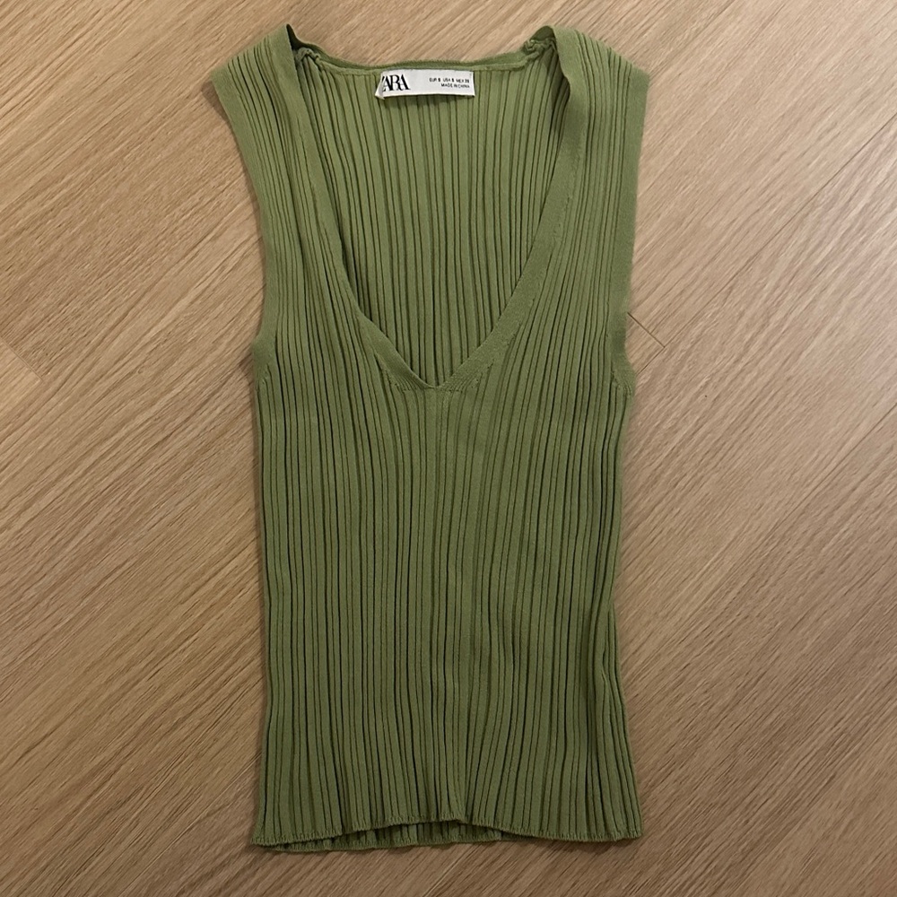 Zara Olive Ribbed Sleeveless Top